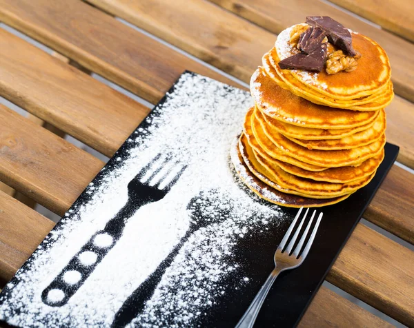 Stack Sweet Pancakes Chocolate Walnut Powdered Sugar Plate — Stock Photo, Image