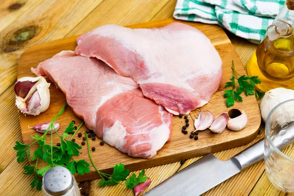 Raw Slice Iberian Pork Secret Parsley Kitchen Board — Stock Photo, Image
