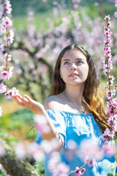 花咲く桃園の青いドレスの魅力的な女の子の肖像画 — ストック写真