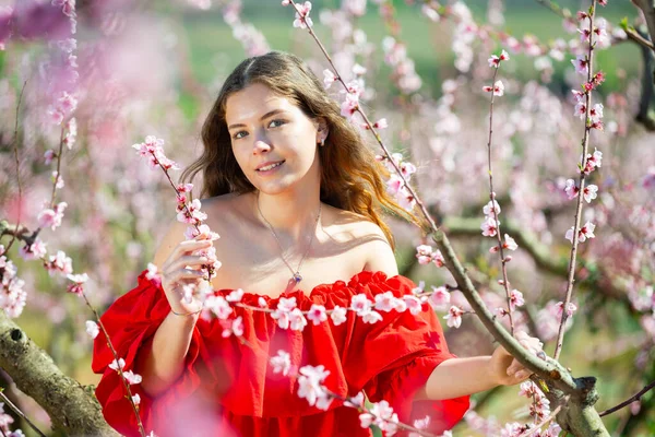 Happy Girl Spring Garden Peach Red Dress — Stock Photo, Image