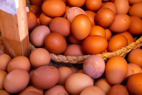 stock image Image of raw fresh eggs in wicker basket at grocery store, nobody