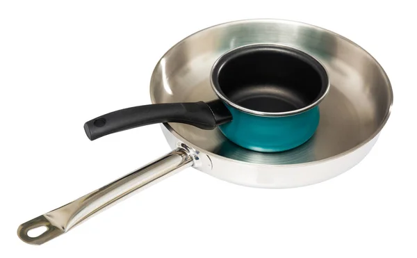 New Shiny Stainless Frying Pan Small Blue Non Stick Saucepan — Stock Photo, Image