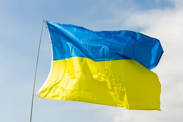 ウクライナの青と黄色の旗 国家天然資源の象徴 誇りと遺産 晴れた日に旗竿になびく空を表す 黄金の麦畑と収穫 — ストック写真
