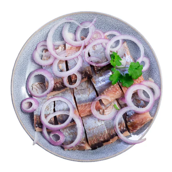 Plate Pieces Lightly Salted Herring Fillet Garnished Purple Onion Rings — Stock Photo, Image