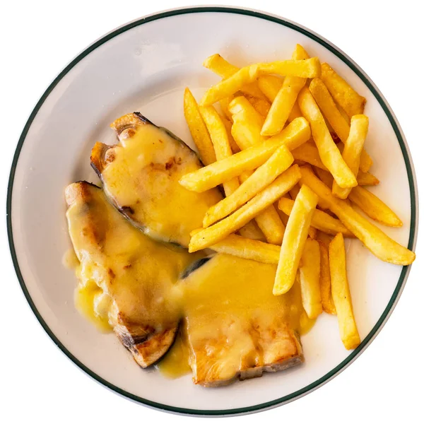 Cooked Swordfish Hollandaise Sauce French Fries Closeup Isolated White Background — Stock Photo, Image