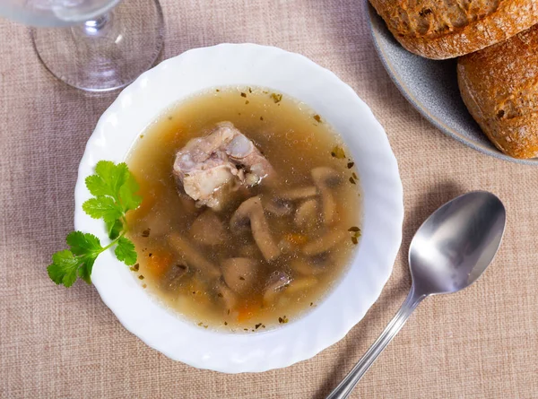 Appetizing Pork Mushroom Soup Vegetables Pearl Barley Comfort Food — Stockfoto