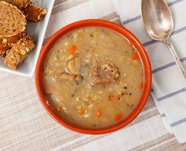 Pearl Barley Soup Pork Pieces Mushrooms Dished Plate Laid Table — Stock Photo, Image