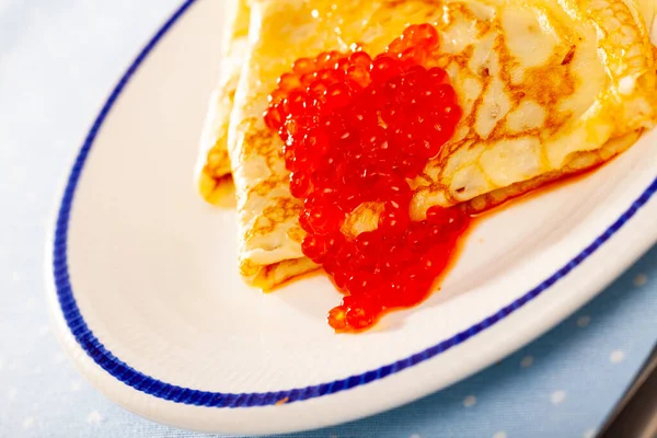 Russian Style Thin Crepes Served Delicate Red Caviar Seafood Delicacy — Stock Photo, Image