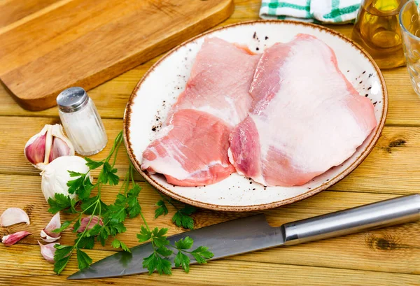 Fresh Raw Pork Secreto Steak Spices Prepared Cooking Wooden Background — Stock Photo, Image