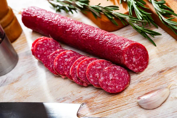 Traditional Catalan Thin Dry Cured Pork Sausage Fuet Nobleza Sliced — Stock Photo, Image