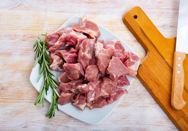 Close Uncooked Chopped Pork Wooden Background — Stock Photo, Image