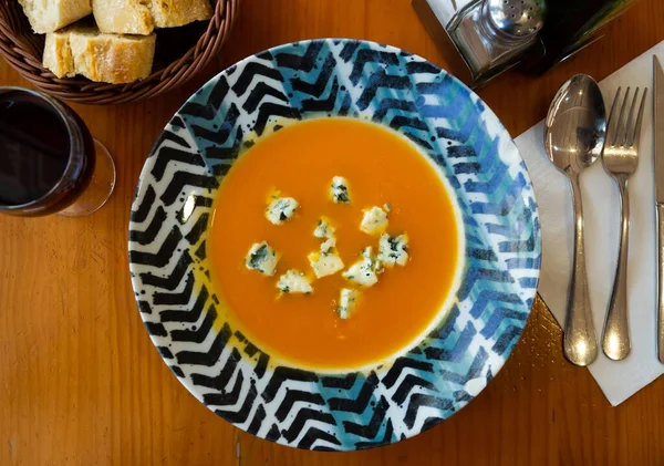 Vegetarian Concept Carrot Cream Soup Served Plate Soft Cheese Gorgonzola — Stock Photo, Image