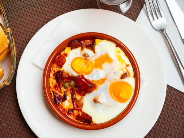 Fresh Portion Fried Eggs Chistorras Served Plate Restaurant — стоковое фото