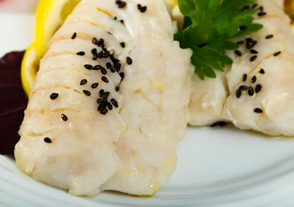 Closeup Codfish Prepared Steam Served Greens Lemon — Stock Photo, Image
