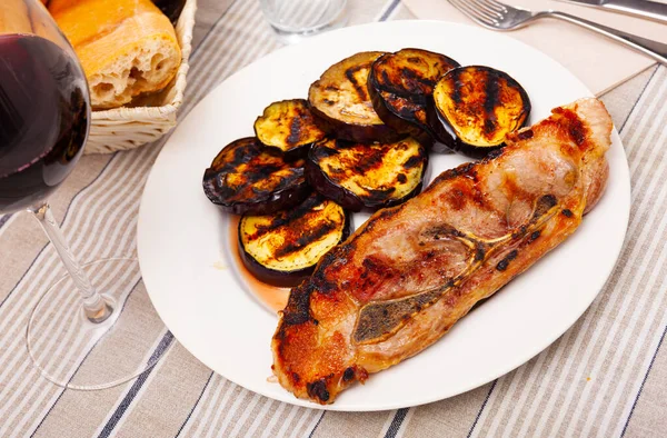 Close Tasty Cooked Grill Pork Eggplant Plate — Stock Photo, Image