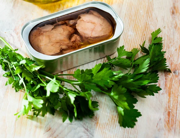 Canned Seafood Smoked Cod Liver Oil Wooden Surface — Stock Photo, Image