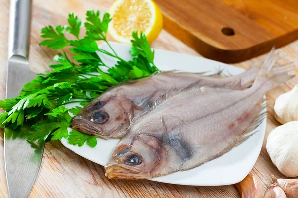 Raw Seafood Fresh Megrim Sole Flatfish Wooden Board — Stock Photo, Image