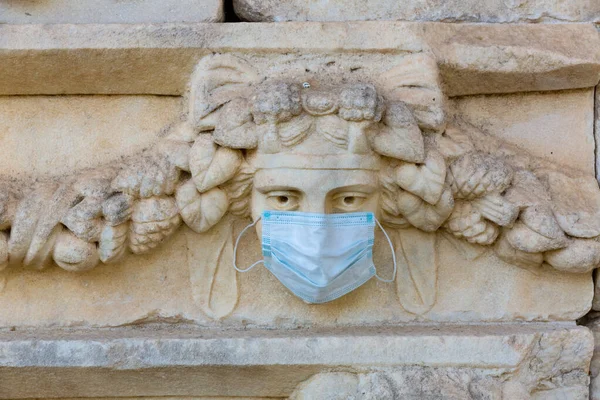 Relief Sculptures Wearing Medical Masks Ancient City Aphrodisias Turkey — Stock Photo, Image