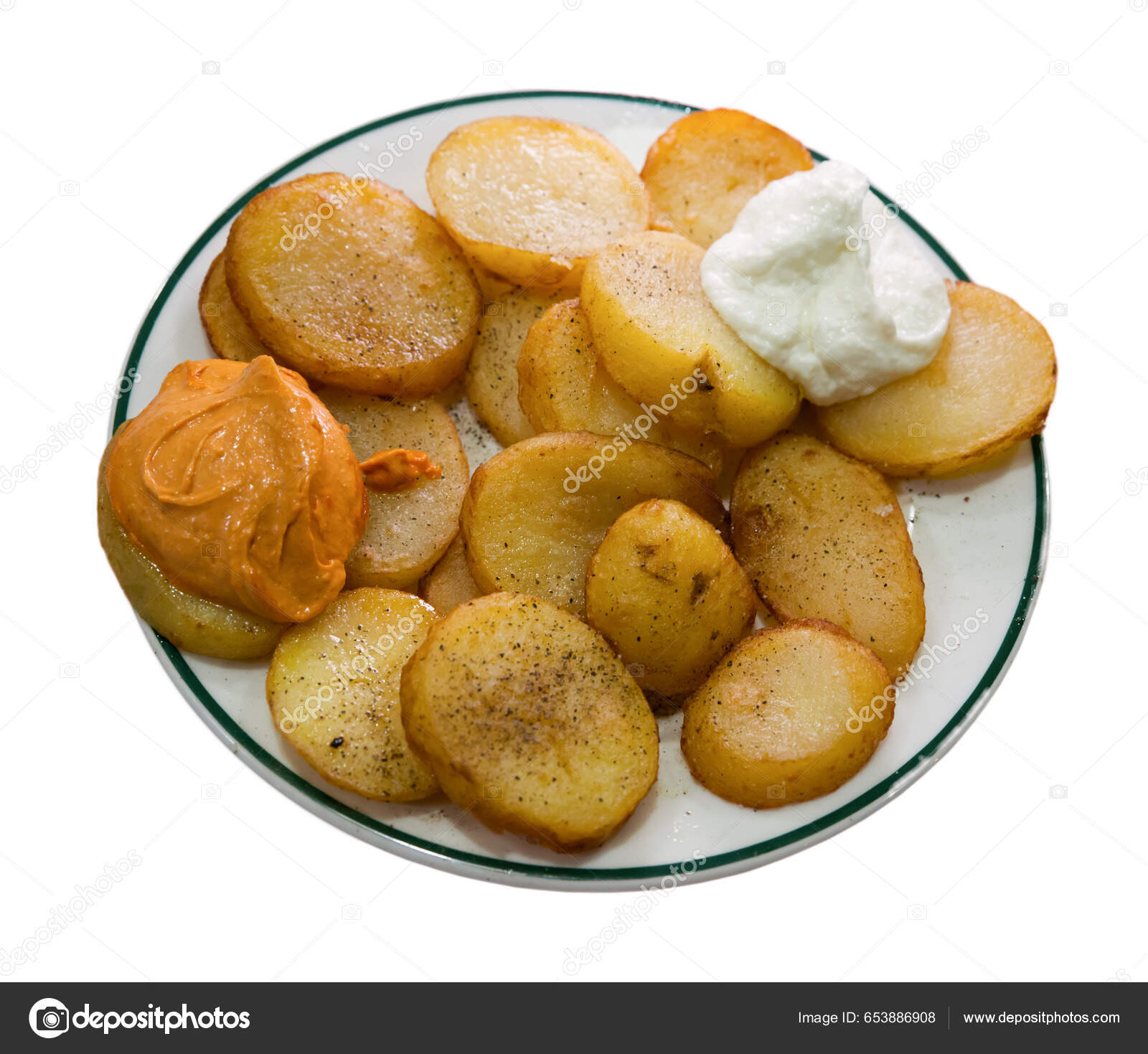 Patatas Bravas Garlic Mayonnaise Sauce Isolated White Background Stock