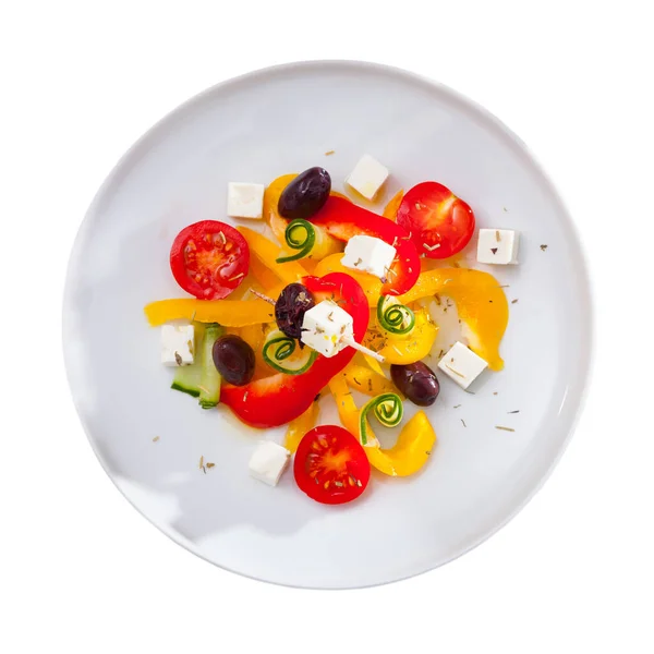 Draufsicht Auf Frischen Bunten Griechischen Salat Horiatiki Salat Serviert Mit — Stockfoto