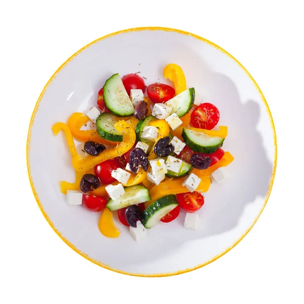 Vista Superior Salada Grega Colorida Fresca Salada Horiatiki Servida Com — Fotografia de Stock