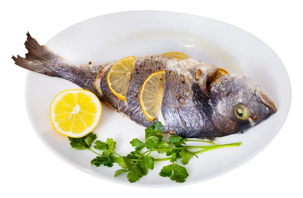 Top View Whole Grilled Dorada Served Lemon Greens Plate Glass — Stock Photo, Image