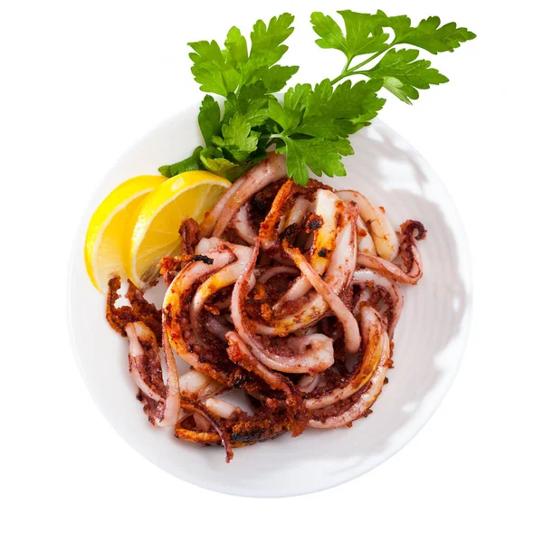 Fried Shrimps Served Lemon Parsley Plate Isolated White Background — Stock Photo, Image