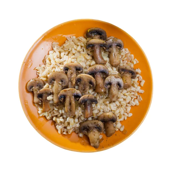 Boiled Pearl Barley Served Roasted Mushrooms Plate Isolated White Background — Stock Photo, Image