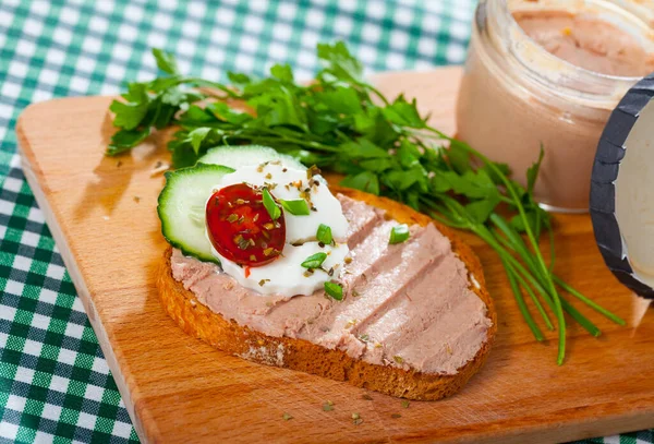 Fresh Homemade Meat Pate Bread Garnished Artisan Cheese Cucumber Herbs — Stock Photo, Image