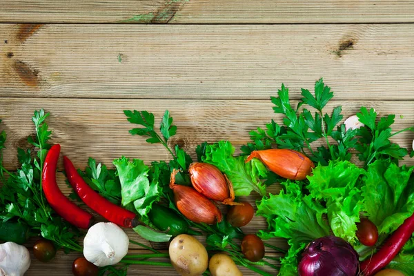 Fresh Vegetables Assortment Natural Wooden Desk Vegan Cooking Ingredients — Stock Photo, Image