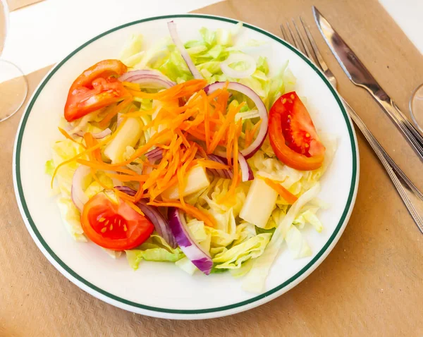 皿の上にトマトと野菜のサラダを閉じます — ストック写真