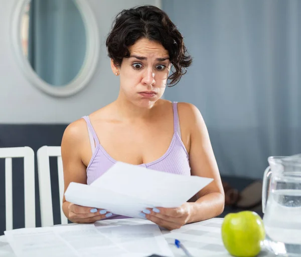 Sad Woman Reading Letter While Sitting Table Home — Photo
