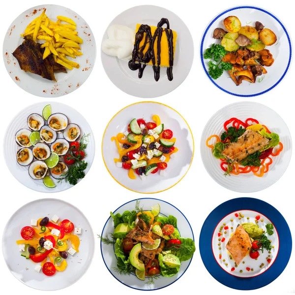 Набор Разнообразных Аппетитных Блюд Подаваемых Круглых Тарелках Белом Фоне — стоковое фото