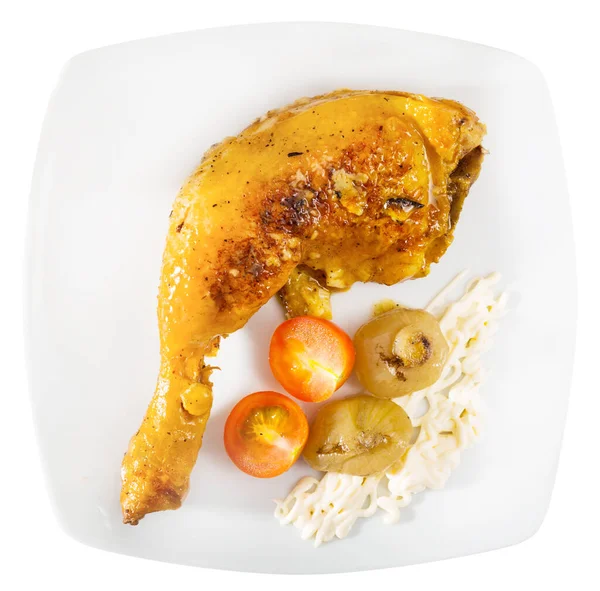 Kızarmış Tavuk Budu Fırında Soğan Sos Beyaz Arkaplan Üzerinde Izole — Stok fotoğraf
