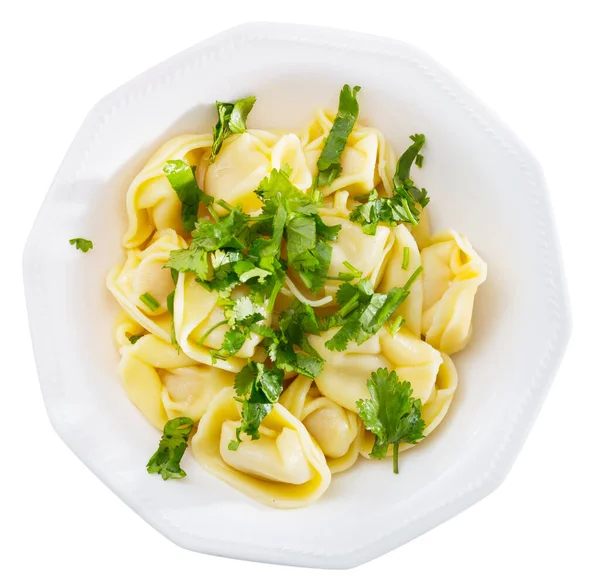 Top View Freshly Boiled Ravioli Served Greens White Plate Isolated — Stock Photo, Image