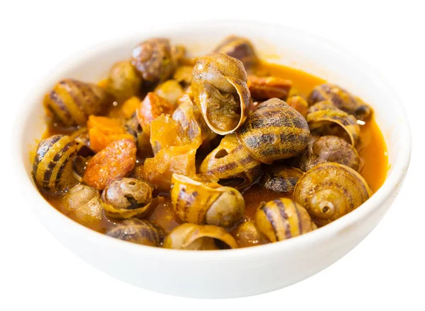 Nourriture Gastronomique Maison Délicieux Escargots Cuits Aux Saucisses Chorizo Isolé — Photo