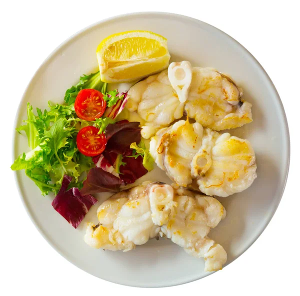 Baked Angler Fish Served Lemon Slice Salad Leaves Cherry Tomato — Stock Photo, Image