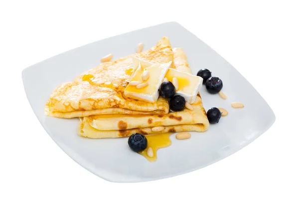 Sweet Crepes Served Soft Creamy Brie Berries Blueberry Roasted Pine — Stock Photo, Image