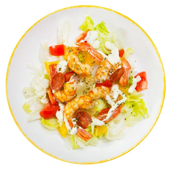 Tampilan Atas Salad Dengan Udang Panggang Chorizo Tomat Selada Lemon — Stok Foto