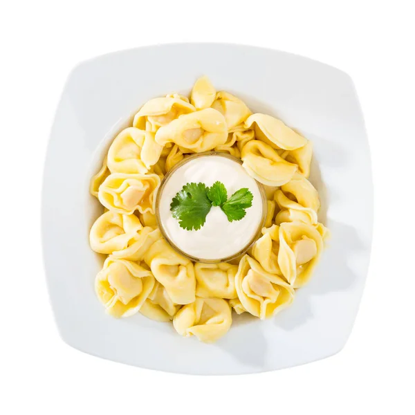 Top View Appetizing Homemade Ravioli Served Creamy Sauce Parsley White — Stock Photo, Image