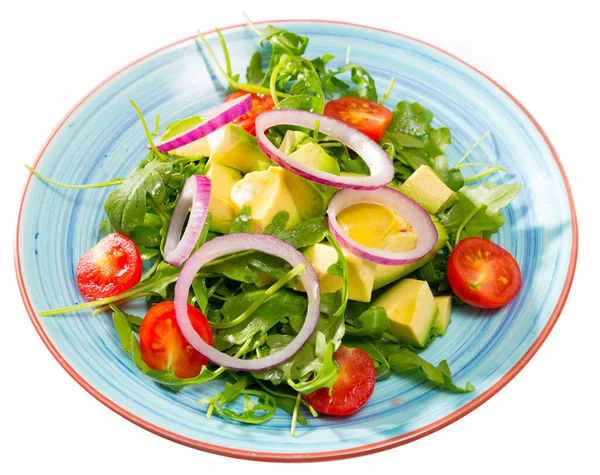 Salade Vitaminée Roquette Avocat Mûr Haché Tomates Oignon Violet Isolé — Photo