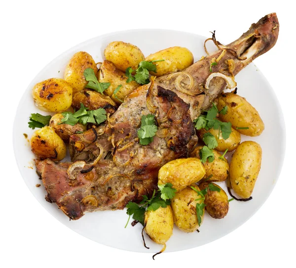 Grilled Shoulder Mutton Served Baked New Potatoes Greens White Platter — Stock Photo, Image