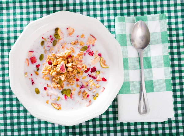 プレートにドライフルーツとミルクとオートミール おいしい朝食 — ストック写真