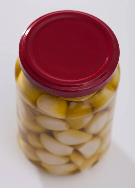 Glass Bottle Marinated Garlic White Background — Stock Photo, Image