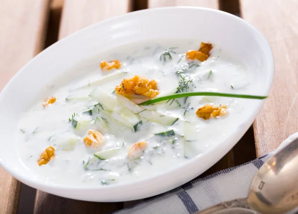 Traditionele Macedonische Koude Groentesoep Tarator Met Komkommer Walnoten Knoflook Yoghurt — Stockfoto