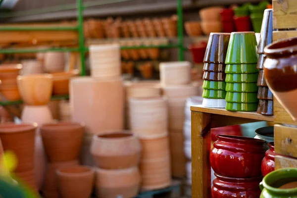 View Ceramic Flower Pots Indoor Plants Sale Horticultural Market — Stock Photo, Image