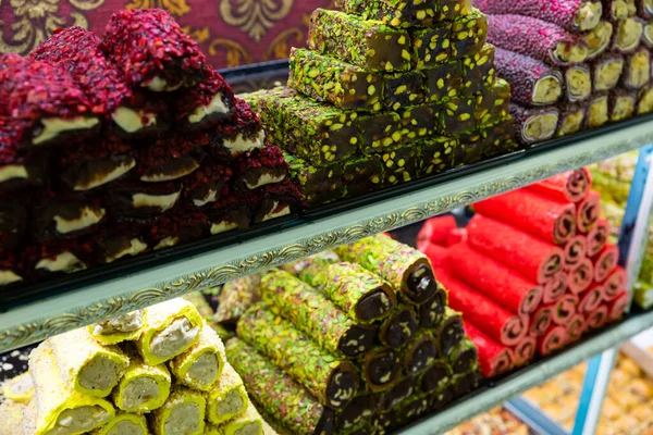 Turkish Delight Multi Colored Sprinkles Almonds Coconut Closeup — Stock Photo, Image