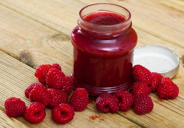 Image Tasty Raspberry Jam Jar Fresh Berries Wooden Surface Nobody — Stock Photo, Image