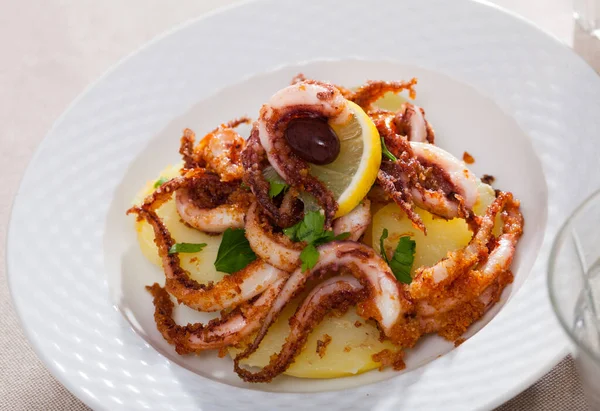Fried Shrimps Served Lemon Parsley Plate — Stock Photo, Image