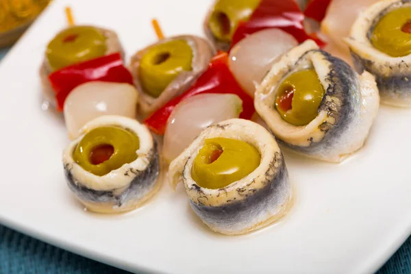 Appetizers Anchovies Marinated Onion Olives Pepper — Stock Photo, Image